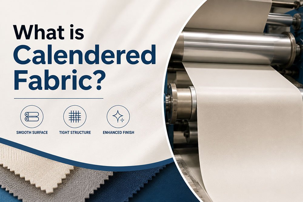 Calendered fabric passing through heated industrial finishing rollers