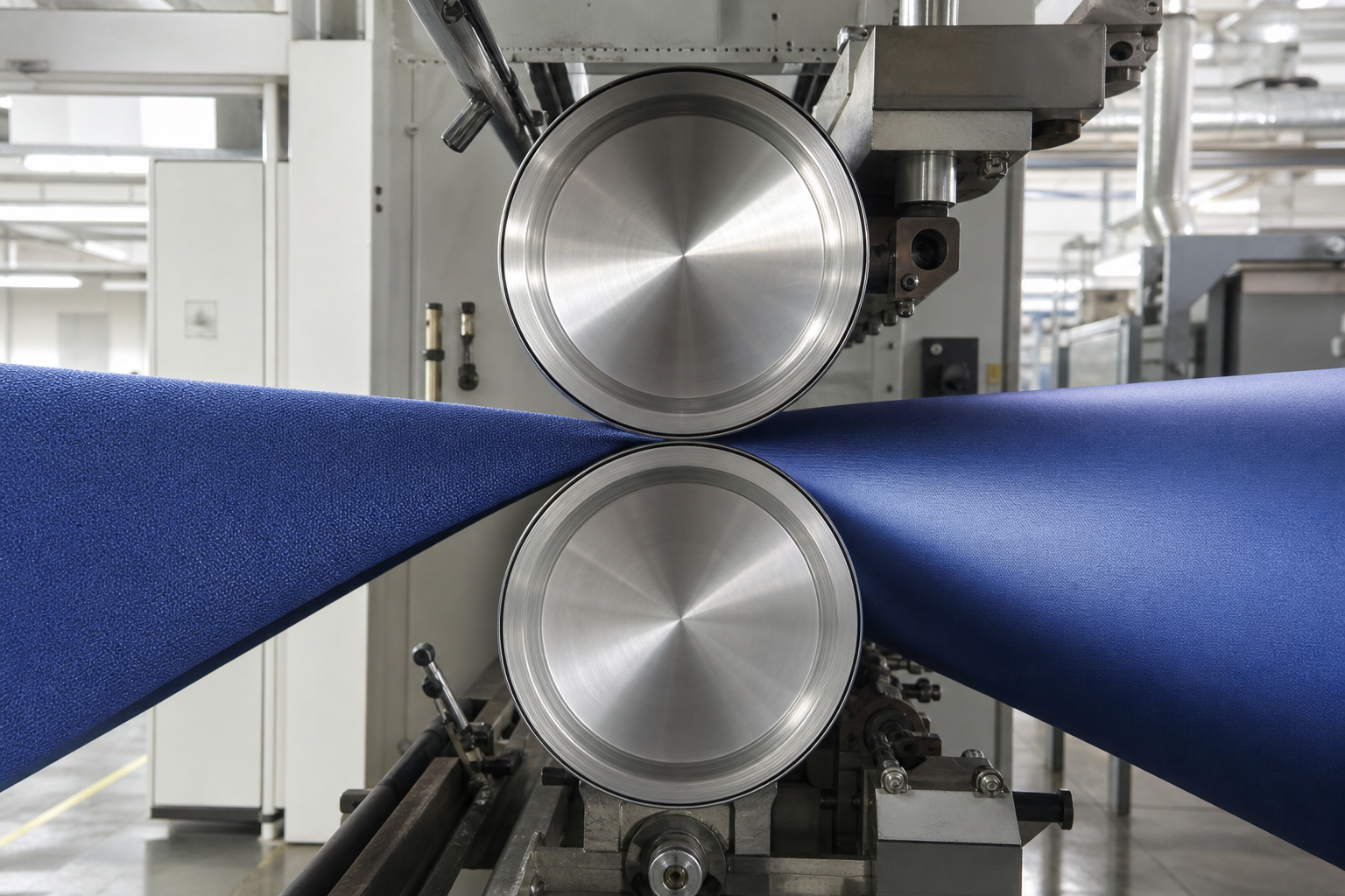 Calender machine pressing blue woven fabric between heated steel rollers